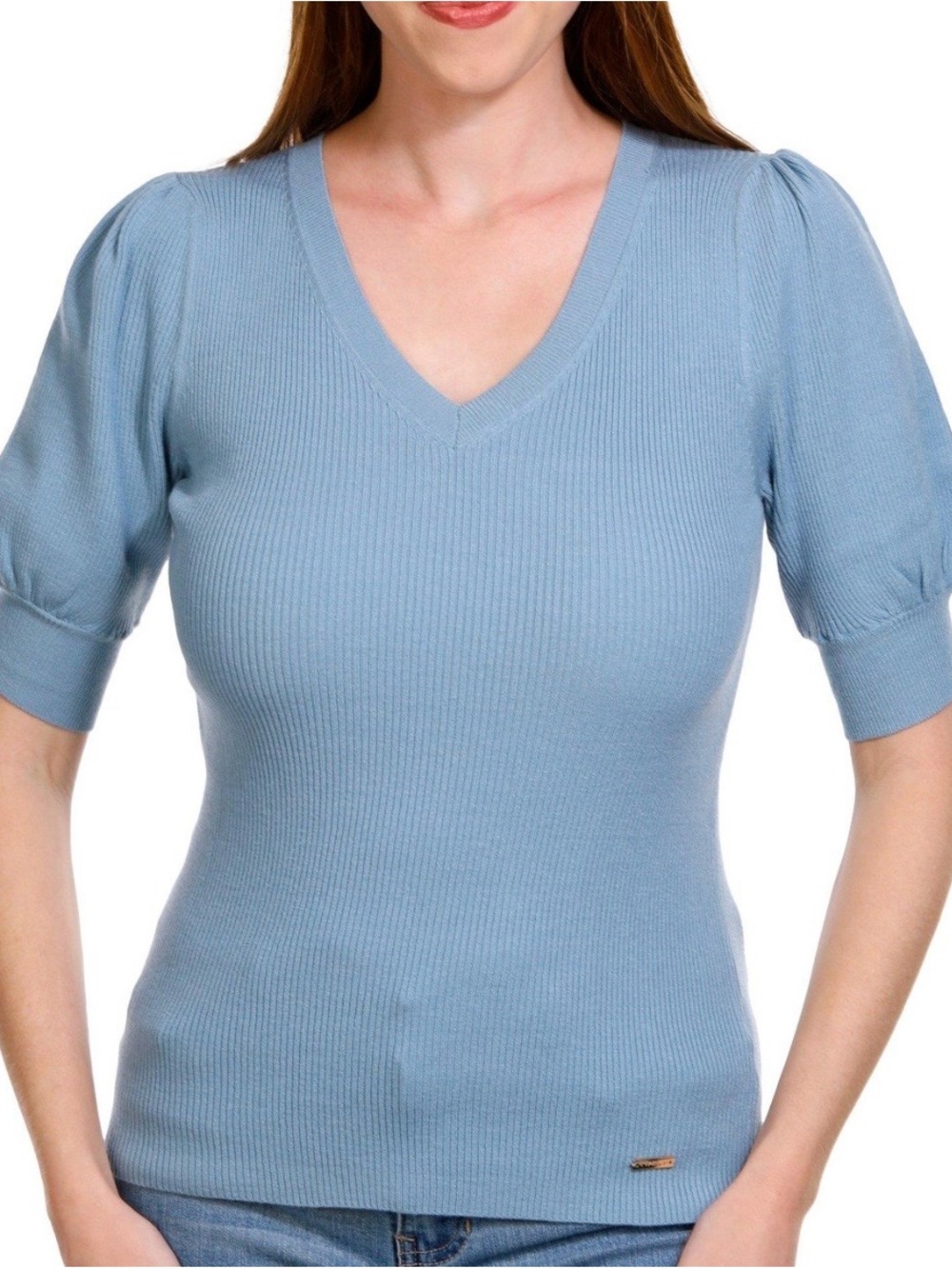 T Tahari V-Neck Ribbed Short Puff Sleeve Sweater Blue Size M
